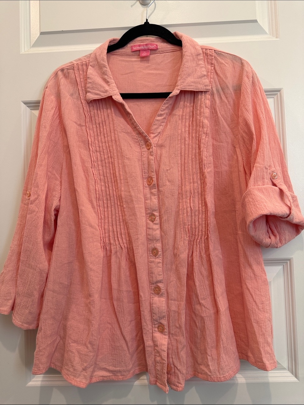 Woman Within Peach/Pink Pintuck Button-Front Shirt